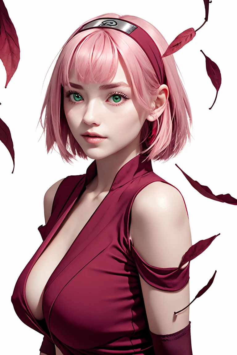 young woman, bubblegum pink hair tied in a bun, wide forehead, porcelain skin, pink eyebrows, emerald green eyes, upturned nose, thick pink lips, heart-shaped face, dark red clothes, Sakura Haruno, realism, well detailed, 3d
