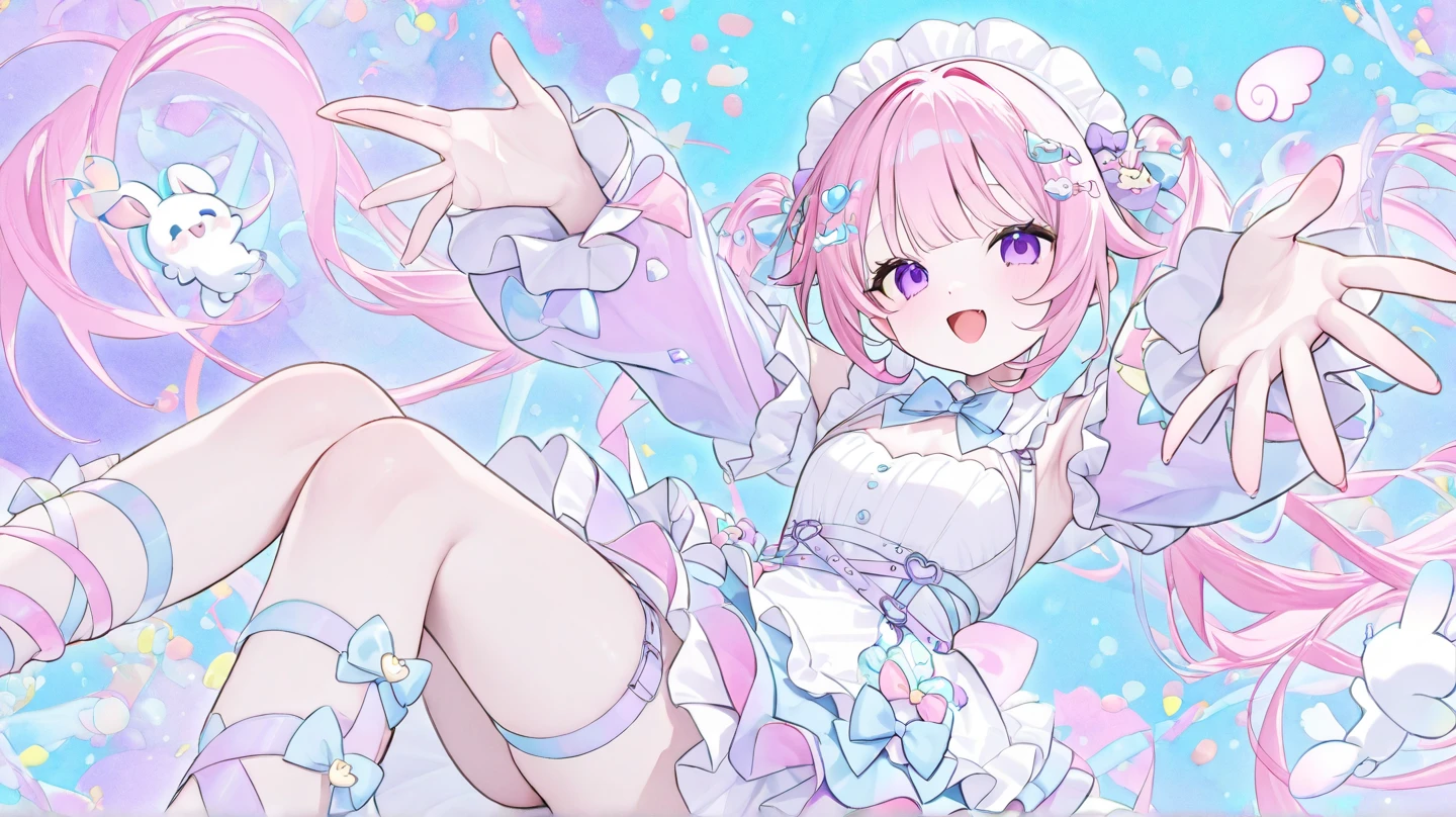 A cute little , 5 years old, wee,  with short white hair, with pink highlights, big and purple eyes, blue dress and bunny ears