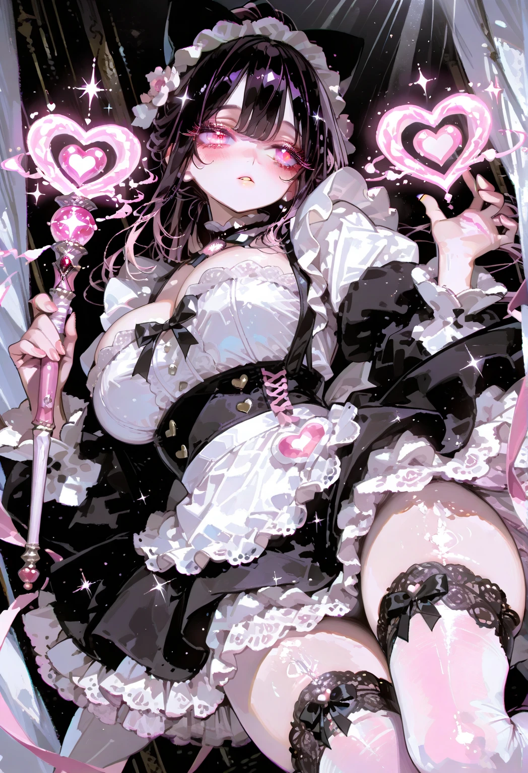High quality illustrations。She is an adult woman with a mysterious and alluring aura.。With defined eyeliner。Her skin is flesh-colored、She has black hair。She has pink streaks in her hair。Her hairstyle is twin tails with vertical roll curls on each side.。Pink eyes。The outfit is a black-based white and pink gothic dress.。Have big breasts、You can tell she has big breasts even through her clothes。She has good style、She blushed deeply and had a sly grin。Heart mark on the eye。Lying on your back with your legs spread wide open。He's gasping for breath and sweating.。Cream being sprayed