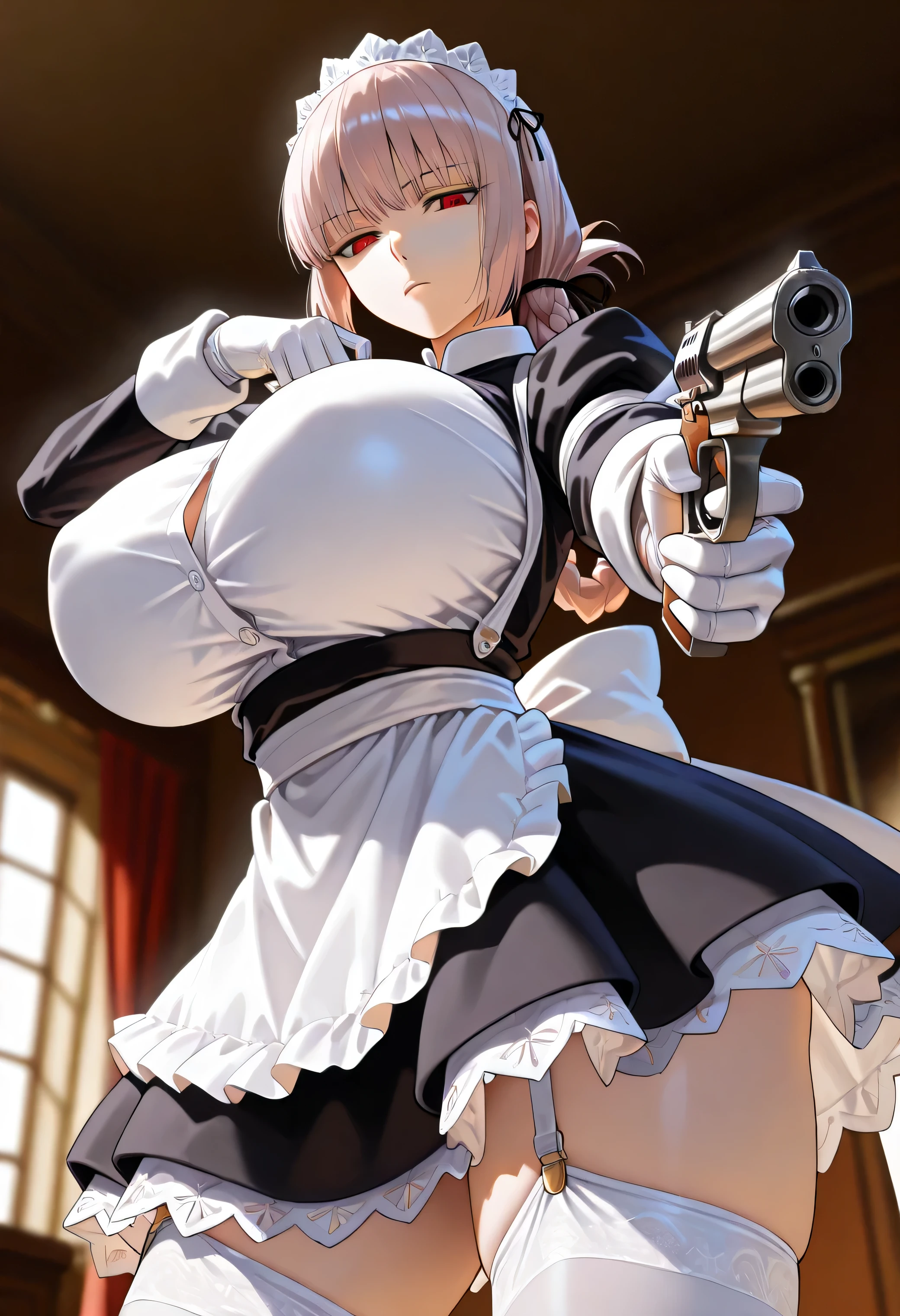 , 1 woman in the body, Florence Nightingale, super oversized breasts, detailsな髪, look down on with disdain, sexy, Enchanting, Beautiful woman, hold a gun and take aim, aiming at viewer,gun, Maid Outfit, miniskirt, extreme low angle, Highest image quality, details, adjusts depth of field,
