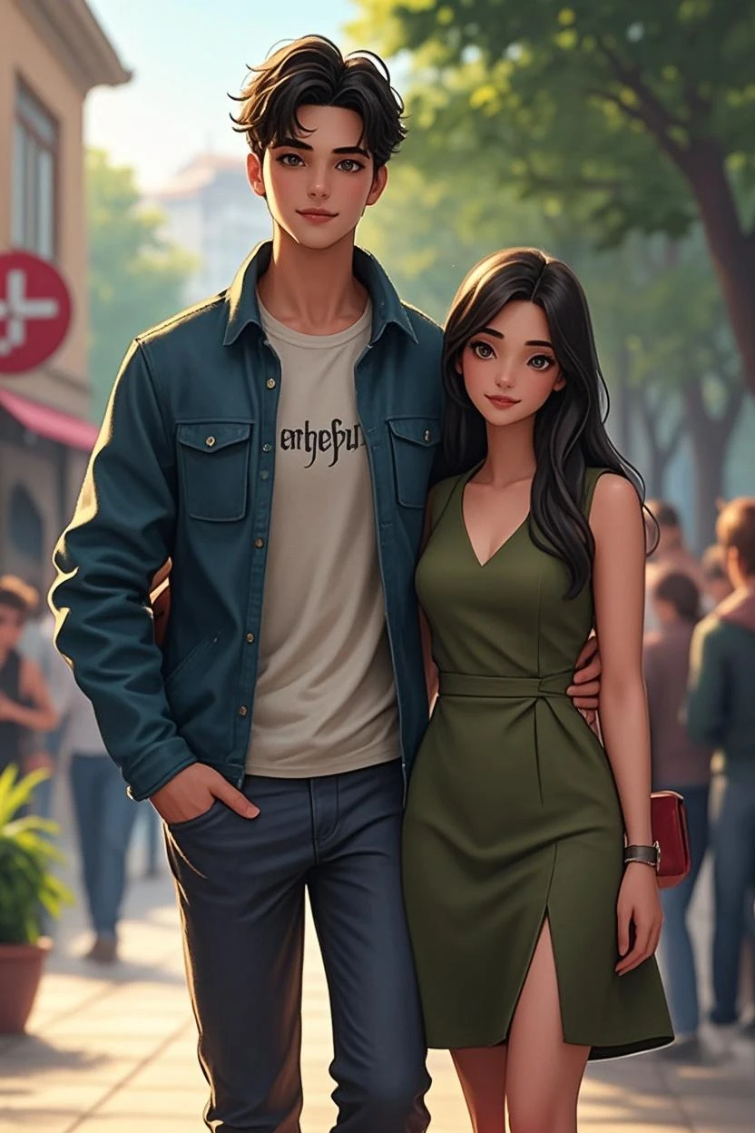 a 20 year old girl with very white skin, long and very straight dark brown hair, dark brown eyes, a 20 year old boy with very white skin, dark brown wavy hair, dark brown eyes. They are both holding hands while walking down the street., She is pregnant