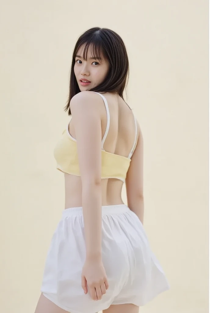 (a woman, park, sunny day, orange sundress, RAW, UHD, 8K, upper body portrait:1.1, head, highly detailed face, stunning eyes, orange short hair, back towards camera, wet clothes, vibrant colors, warm sunlight) cupper body portrait, back view
