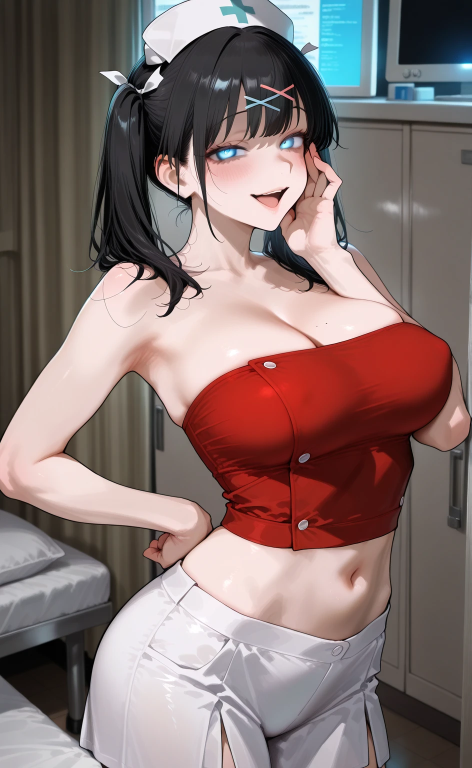18 year old girl，baby face，Dark red short hair，Ponytail hairstyle，Smile，Huge breasts，Cleavage，Transparent red sleeveless top，Leave space in the middle to reveal Cleavage，Soaked all over，blush，Red eyes，female spy，red miniskirt，White gloves，White hand sleeves，White boots，Science fiction，future，Inside the robot warehouse，robot driver，He has a pistol hanging from his waist，no bangs