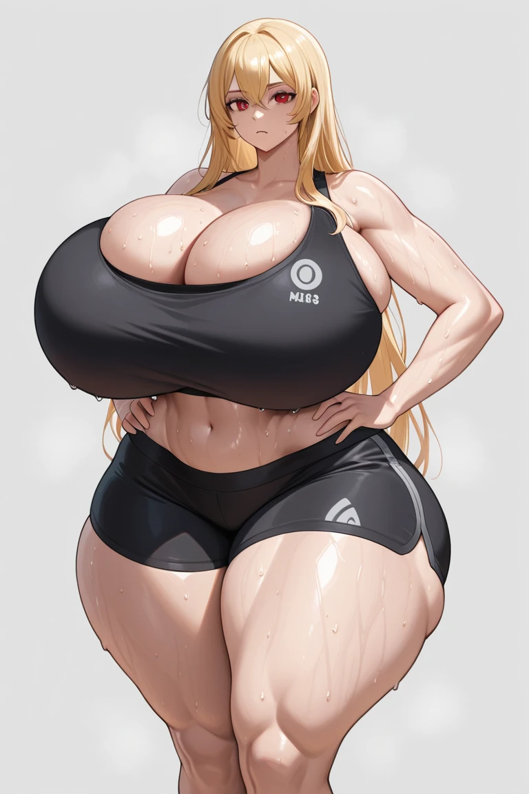 Senju Tsunade, 1 girl, ((Bimbo))), Long Blond Hair, thick lips, wide hips, thick thighs, Huge ass, The face of craving desire , Huge huge natural breasts, cleavage, mature mom, see-through white yoga pants, pink sports bra, Jogging