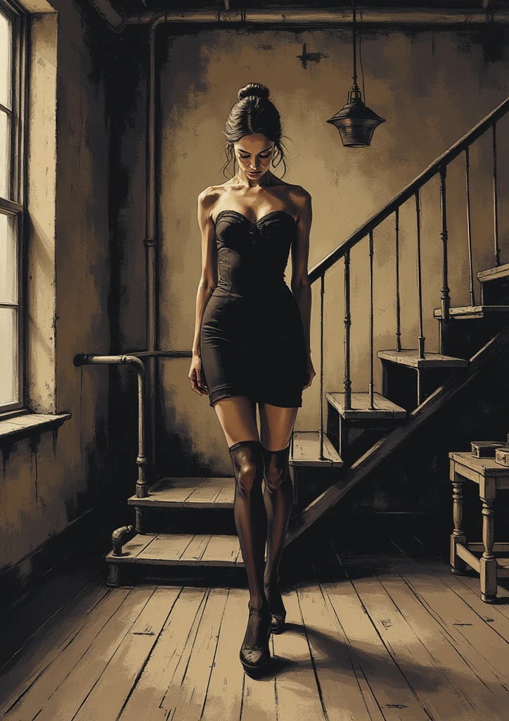 Impresionist primitive Oil painting. A low angle, floor level view of an beautyfull elegant 30 year old european womenstanding near the window above the viewer, platform heels filling up the foreground. She is looking down at the viewer with an alluring smile, exuding confidence and superiority. She wears a minimalistic yet very elegant transparent dress and platform heels. Indoor setting. Fisheye lens, dramatic, cinematic, painting, brush marks,  best quality, ultra sharp image, 4k. The dress is semi-transparent.