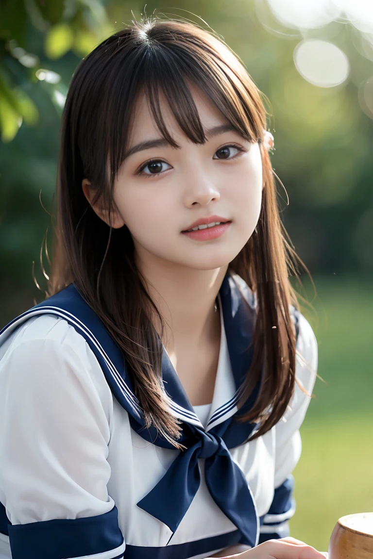 Mastepiece, Best Quality, (Highest quality、8k、masterpiece:1.3)、Ultra-high resolution、Physically Based Rendering、(Photorealistic：1.37)、Beautiful woman with perfect body:1.4、Slim abdomen:1.2、Highly detailed face and skin texture、 Red Cheeks、White skin、Narrow waist,Thin legs、Highest quality,Very beautiful woman, (cute:1.2),Perfect Glowing Skin、((Flower Field))、((Full nudity))、((Upper body nude))、smile、(((High school girl uniform)))、(((I see Chev)))、((Small Breasts))