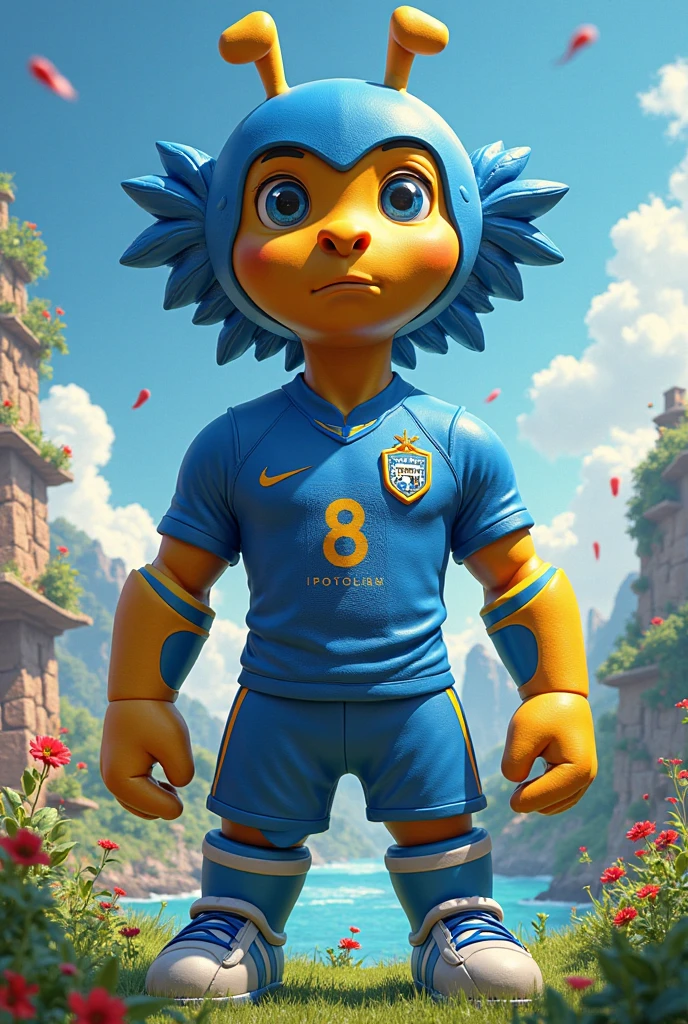 Create Marvel Character, boy 6 years old, short blue curly hair, dark shaped eyes, skin black, wearing the black and red flamengo uniform, shirt 10 , soccer field background