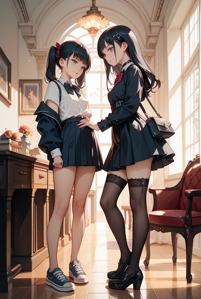 absurdres, RAW photo, extremely delicate and beautiful, masterpiece, Best Quality, ultra high resolution, 32k, hyperrealistic, ultra-detailed, in her 20s, delicate facial features, tearful mole, earring, medium breasts, full body shot, shorter middle hair, black hair, school_uniform, blazer,