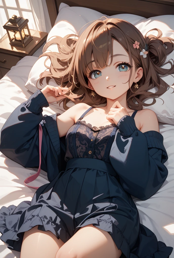 One beautiful woman、(Wearing red sexy lingerie:1.2、valley、Thighs)、Hot and beautiful posing model, Full Body、Curly black hair, Dark blue eyes, Sensual look、Indoors at night、Lying on the bed、Background Blur、(highest quality、masterpiece、High resolution、detailed)、animeスタイル、Flat Style、(Beautiful Eyes, Delicate and beautiful face、Glowing Skin),  BREAK,extremely detailed、Cinematic lighting、High saturation,floating、Dynamic Angle、anime