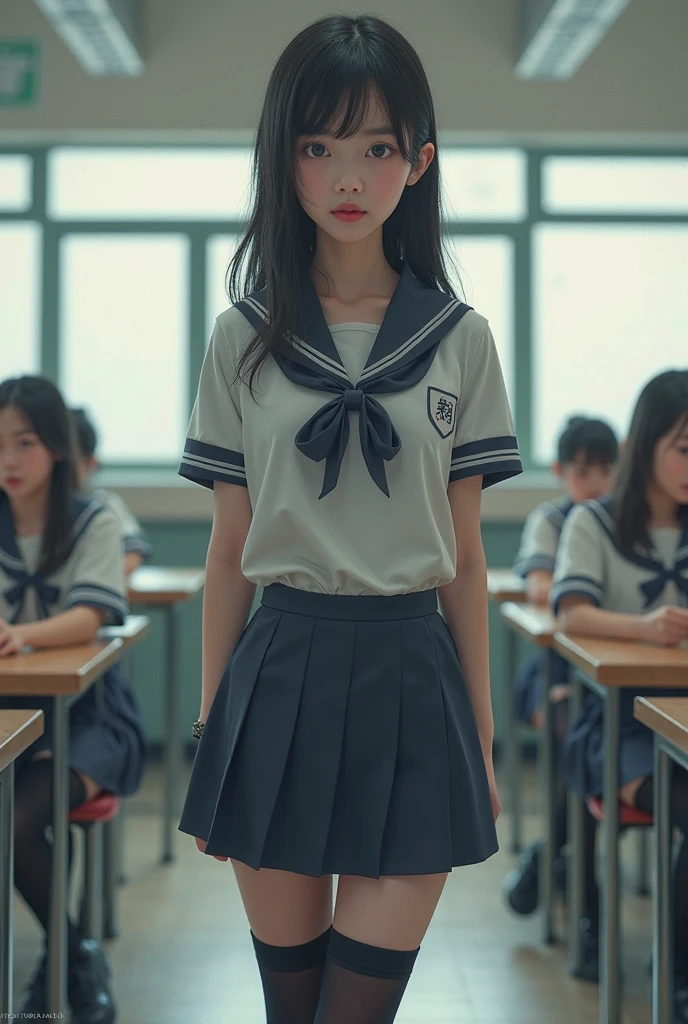 (masterpiece,Highest quality:1.4),(8k,RAW Photos,Photorealistic:1.4),Ultra-high resolution, ,(Glowing Skin:1.4),Detailed skin,Detailed face,Detailed eyes,(Beautiful and shining eyes:1.2),Symmetrical eyes,Detailed ears,One person,Natural Makeup,high school girls,(((Japanese Idols))),(Japanese Face),Detailed Background,Vivid background,Beautiful and shiny hair,,((Average teenage breasts)),,(Detailed Summer school uniforms for senior high school girls Japan),,((Sharp Face)),Natural light,,(Very detailed ,Trend design for 2024,online shopping,LUMINE® Market,),Trendy hairstyles,black_hair,long_hair,Upper Body,,(Detailed classroom of a girls' high school,,Location was great.),,Real-life schoolgirl、、Random Posing