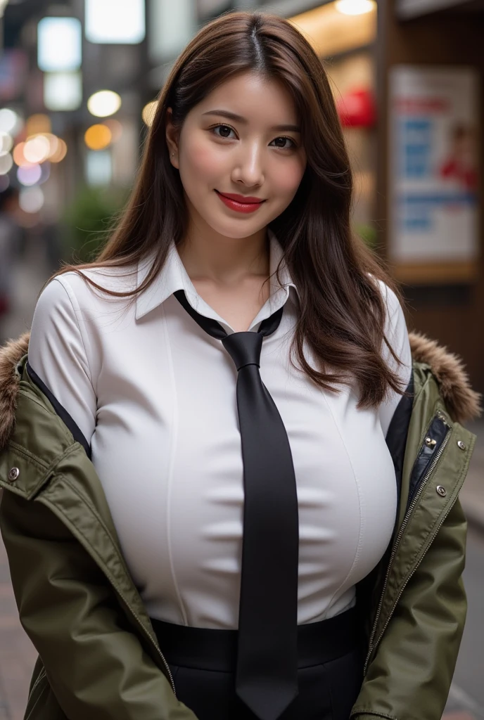 run-6500-v1.1, (RAW Photos:1.2), (Realistic), (Genuine:1.4), 1girl、Perfect Anatomy、Age 35、 (High heels)、(Business services)、 quiet, A calm woman wearing a checked vest., The most elegant long wavy hairstyles:1.65, Wear a tight skirt, Thin lace tight skirt、(Ultra-realistic pantyhose:1.2), Yoshitomo Nara, , Japanese Goddess, Erotic Sexy Girl, Otaku appearance, Otaku, An intense and erotic gaze, (A very loving smile:1.2)、 ((Full Body Shot:1.16))、((Stations in Japanese cities))、Seducing erotically while sitting on a bench on the station platform、Ultra-realistic skin texture、Shiny skin、(((Very large breasts bigger than her face:1.65)))、Exposed thighs!!!