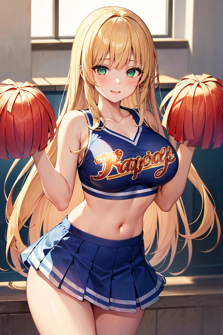 A cheerleader in a blue and yellow outfit crawls on all fours in the locker room, fingering herself and drooling。Almost naked。mini skirt。Big cleavage。Looking up