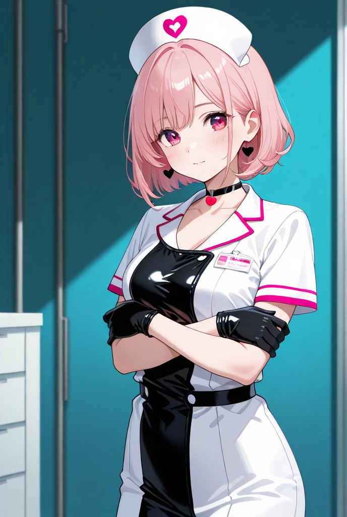 1girl, solo, nurse, nurse cap, white wear, ((white legwear, zettai ryouiki)), white gloves, pink hair,  drooping eyes, ((covered nose)), standing, ((hospital room)), sharp outline, short sleeves, best quality, masterpiece，Fleshy，Brown eyes，Fleshy，Black hair，happy，lol，Heart，belt，Black clothes，Exposing underwear，Black lingerie，miniskirt