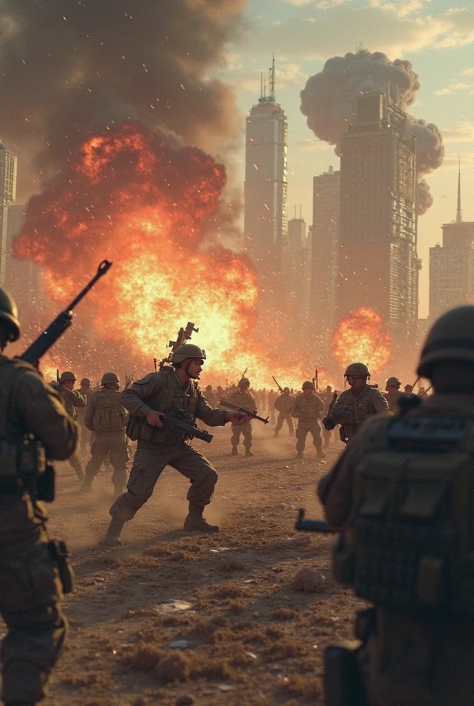 Striking emotionally charged award winning photo, a scene depicting a devastated urban environment. a massive fiery mushroom cloud from a nuclear explosion is visible casting a haunting shadow over the destroyed cityscape. Close-up body shot of multiple heavily armed soldiers running away front view, children running away, face closeup, multiple warplanes in the sky, destroyed tanks in the environment, chaos and devastation.