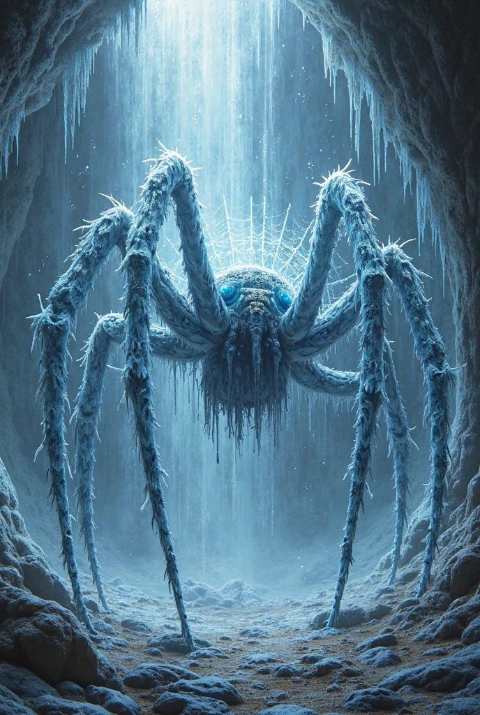 Giant white spider in a snowy cave, detailed fur, fantasy anime art