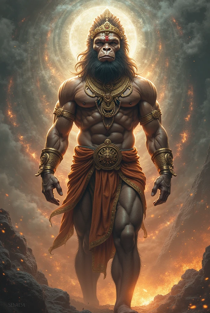 "Create a high-definition image of Lord Hanuman standing on a large rock or stone. He is depicted as a powerful and divine figure, with a muscular physique and a determined expression. Hanuman's right hand firmly holds his iconic mace (gada), while his tail is wrapped around his left hand. His body is adorned with traditional ornaments and clothing, including a golden crown. The background should reflect a celestial or spiritual environment, with a warm, glowing aura surrounding Hanuman, highlighting his divinity. The overall scene should capture the strength, courage, and devotion associated with Lord Hanuman."