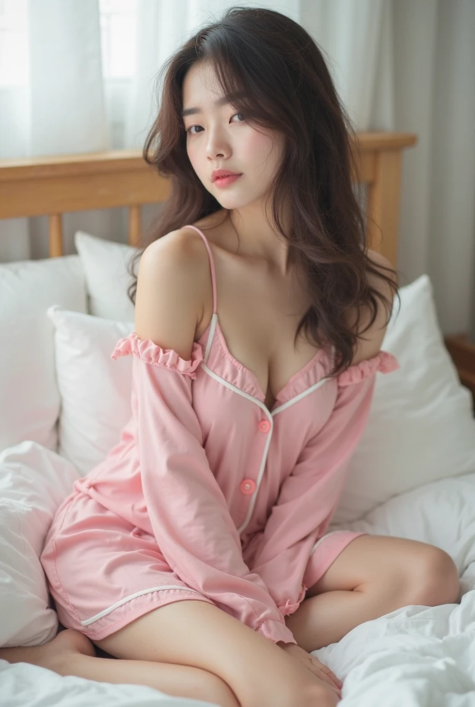 ((Jon,black hair)),duck sitting , (Extremely exquisite and beautiful work), (masterpiece),beautiful legs, Very detailed, long black hair,Full body female love, charming微笑, beautiful and clear eyes, (((top quality、漂亮Pink princess bed上、8k、Top image quality))、(1 photo:1.5)、high saturation、vivid、very bright、1 、(sexy pajamas:1.2)(bare breasts)、(Full body photo of woman sitting on bed:1.5)、(The happiest smile:1.2)、black long straight hair、(The background is a very large pink and white room.:1.3)、(Detailed recreation of the lovely pink and white room:1.5)、(A room with a sense of openness:1.3)、Clean and comfortable、lipstick、Emphasize body lines、plump big breasts、perfect makeup、Color contact lenses、long eyelashes、(accurate anatomy:1.3)、(perfect brunette:1.2)、(White skin:1.3)、(Pink princess bed:1.3)、(cute curtains:1.2)、(pure white :1.1)、(vase decorated with roses:1.1)、(White fur carpet:1.2)、(cute stuffed animals:1.2)、(realistically, Real shot:1.4), 1 girl, charming,Physically based rendering, Full body female love