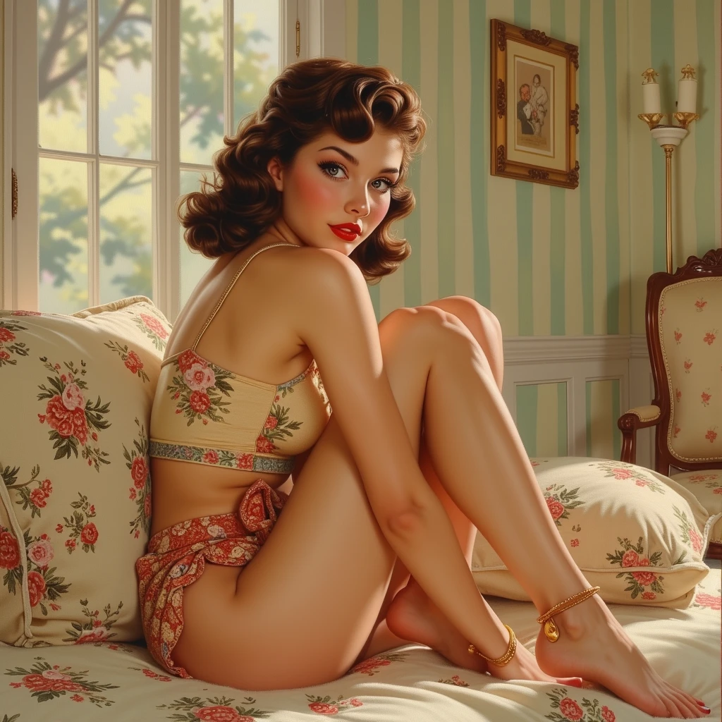 (masterpiece) situation in the bedroom, 1 woman on the bed, outside: stands on all fours, on elbows and knees, legs spread, Side view, Smile on his face, ethereal and beautiful Hugo Boss model from the 1940s.., Beautiful painting with a very detailed face by Alphonse Mucha.., Craig Mullins, Greg Rutkowski, Magali Villanueva, (The most beautiful picture), (Without clothing:1.3), the whole body is visible, ideal body shape, view from waist level, luxury bedroom and interior