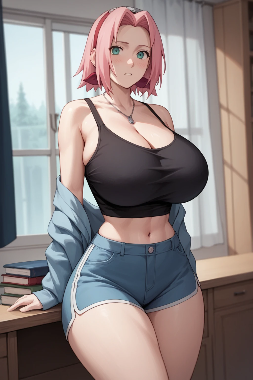 One woman,From the waist up,from the front,Big Breasts,Light pink hair,short hair,black off shoulder sweater,Belly button exposed,White shorts,Black-rimmed square glasses,Cafe