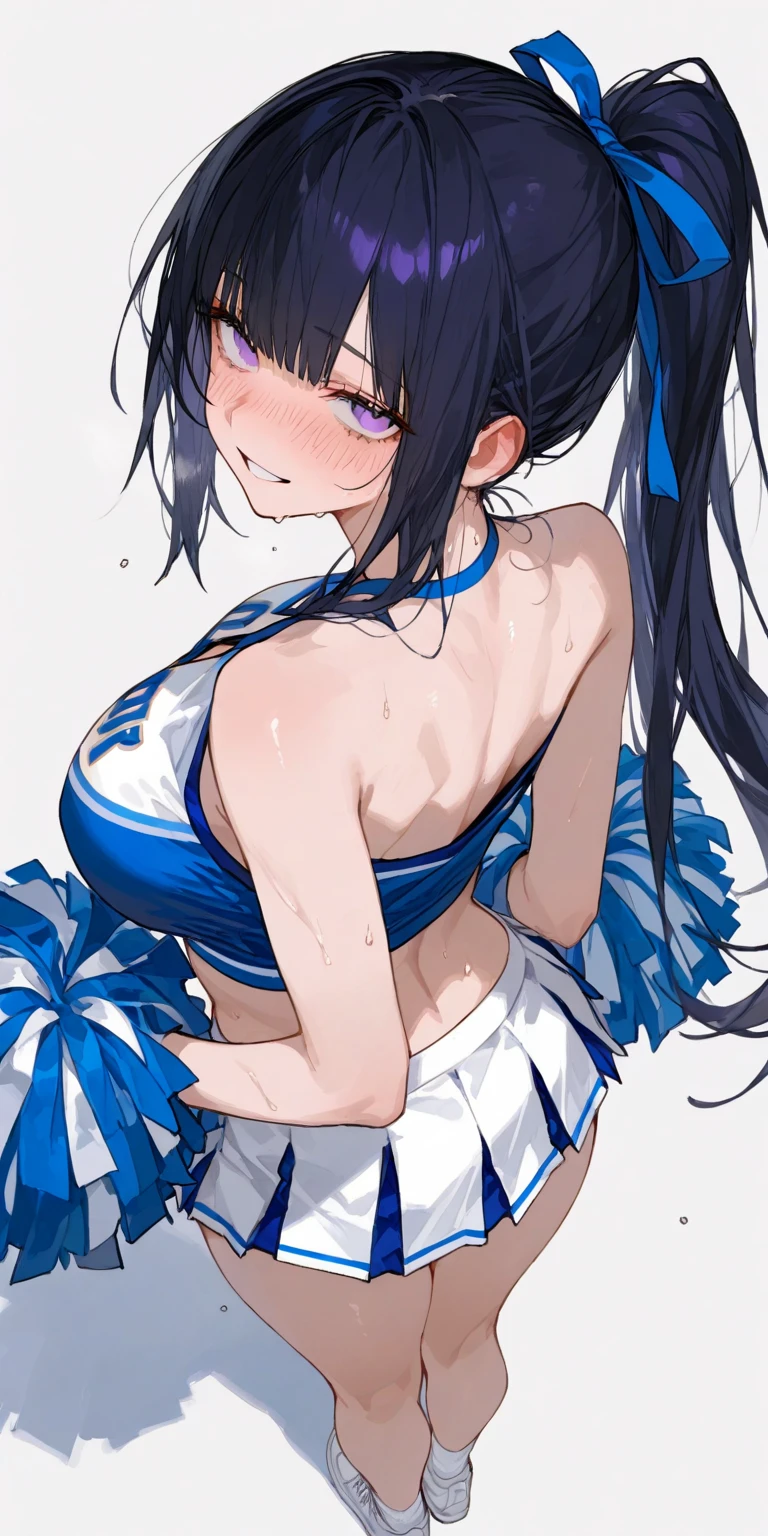 maternal smile, blushing, Pompones, uniform, crop top, midriff skirt, miniskirt, crop top overhang, clothes lift, large, sweat, thick thighs, (huge chest 1.5), cheerleader uniform, wet clothes, semi-transparent clothing, erect nipple under clothes, high ponytail, visible underwear, micro thong, (high thong), (standing on one leg), masterpiece, best quality,  Very detailed