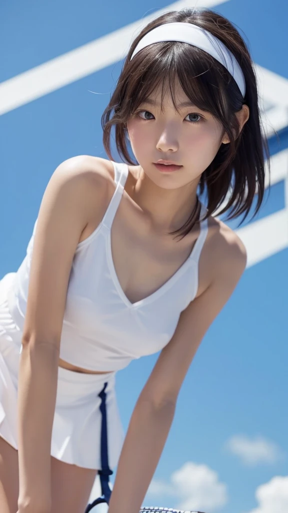 (best quality:1.2), masterpiece, Realistic, Ultra-high resolution, ((a beautiful Japanese idol 12 years old woman:1.2)), (Gaunt:1.3), (((Very flat chest:1.4))), ((Baby Face)), (((Show me your sweaty armpits:1.2))), ((Upper Body:1.4)), (arms up), (focus on her armpit:1.3), ((Armpits are wet and shiny with sweat)), She has skin that sweats easily Soaking wet, (athletics stadium, track and field athlete:1.2), ((topless))
