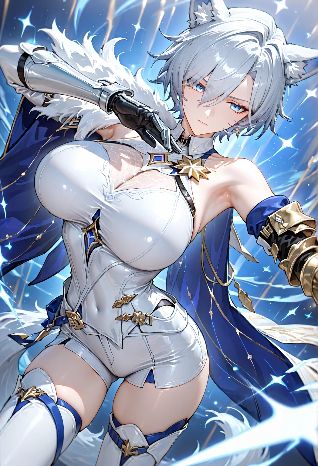 masutepiece, top-quality, Yelang V4, 1girl in, 独奏, looking at the viewers，red blush, A smile, large full breasts, breast bulge，gloves, White glove on right hand，doress, cleavage of the breast, jewely, verd s eyes, White jacket, 耳Nipple Ring, hairarmpits, showing left side，Fur trim, a blue dress, White jacket, tassels, arms behind back, pelvis curtain, mole in breast, Shoulder jacket, eyesight(GenshinImpact), Purple lips, reason，cool lady，Female sexy，Sharp eyes，arms behind head，Armpit sweat，Sweat on the chest，thick thighs，Do not put your arms through the jacket sleeves，Don&#39;t take your hands out of your jacket sleeves，There is a mole on the right chest，beautiful curves，splash water，knitted tights at the waist，tights on the legs，curtain on the butt，the ribs，Uplifting，Bewitching smile，Soaring hair，Arched posture，