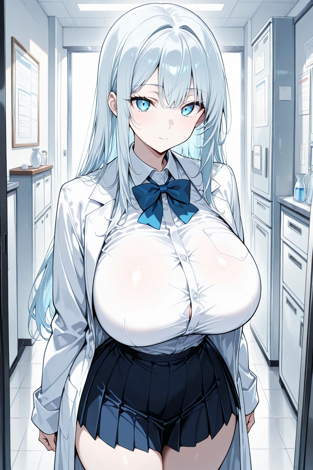 My name is Yukiko.I am a white test woman with long light blue hair,red eye color.I am 1.62 cm tall . My breasts measure 200 cm, my waist 40 cm and my hips 200 cm. Dressed in a short white shirt and a very long black skirt with books in my arms,dressed as a kindergarten teacher. With big breasts 200 cm