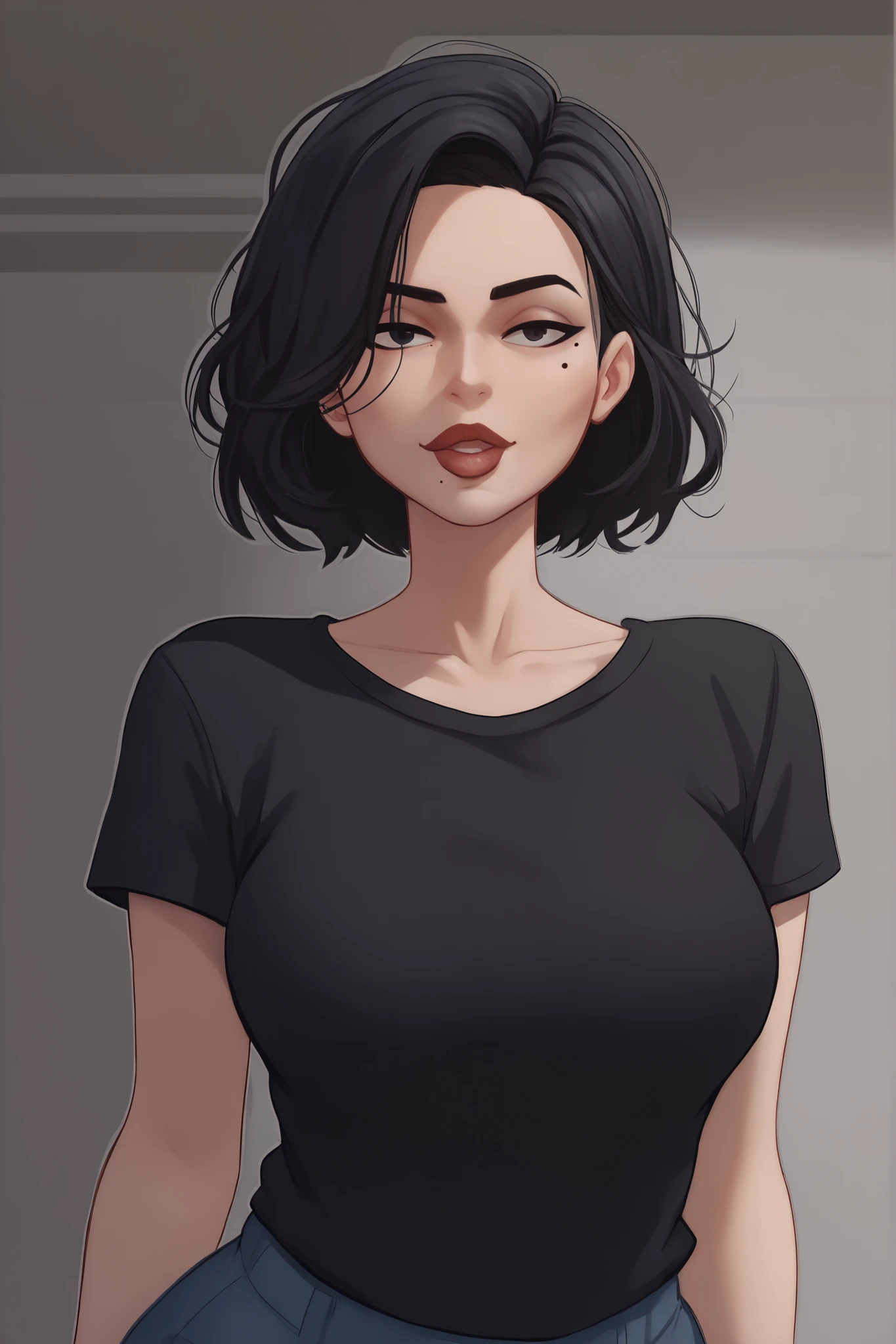 lips,tall, milf, beauty mark, medium breasts, cool face, brunnete, short curvy hair, black hair, (((character for visual novel))), Black T-shirt ,Talking to viewer