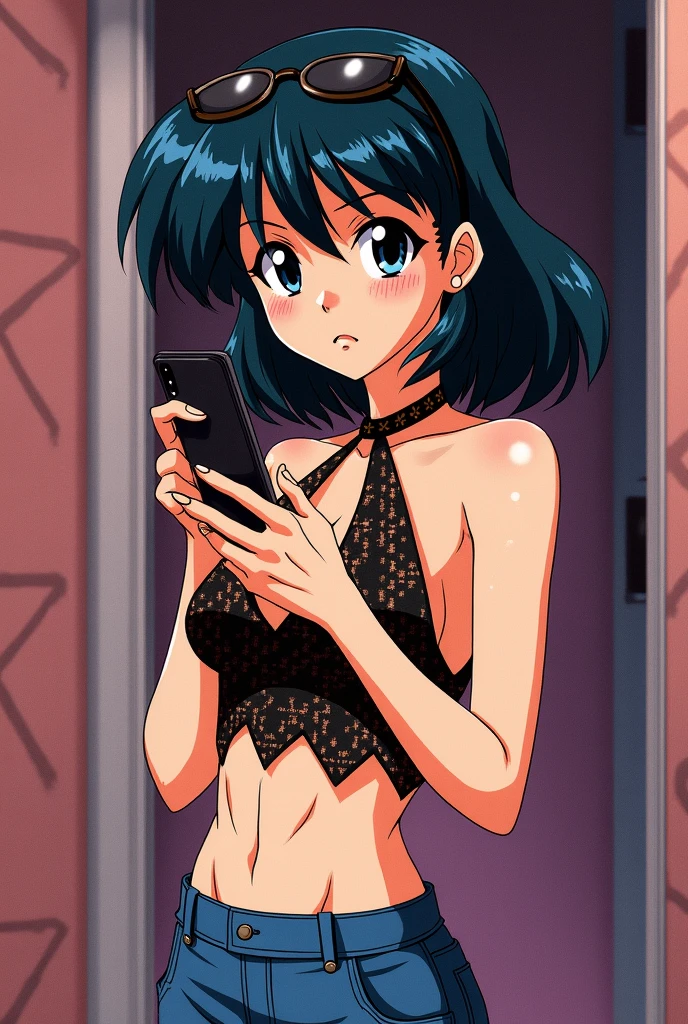 A girl with red cheeks,bikini,bra,embarassed,good looking,blue hair,wonderful blue eyes,no underwhere,apparent vagina,arms behind the back,in bathroom