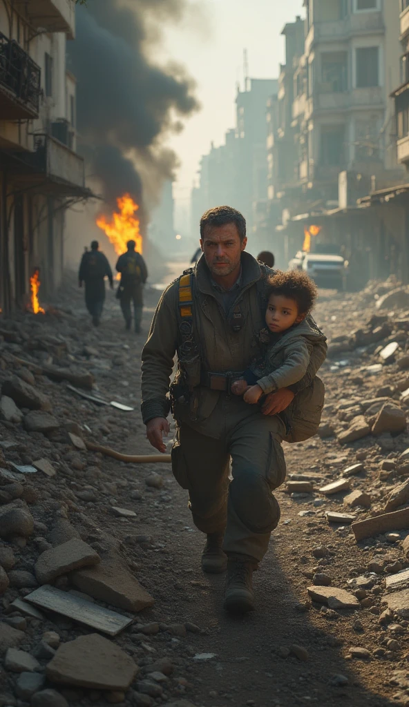 Dystopian postapocalyptic. Photorealistic. Man dressed in khaki jacket and ocre pants. Man Is faced towards atomic bomb explosion. He Is wearing a military backpack. Czech nature. His Son on the side of the man. Son is 3 years old. Little woman standing on the other side. Woman Is holding a little baby. Woman Is dressed in brown military jacket.