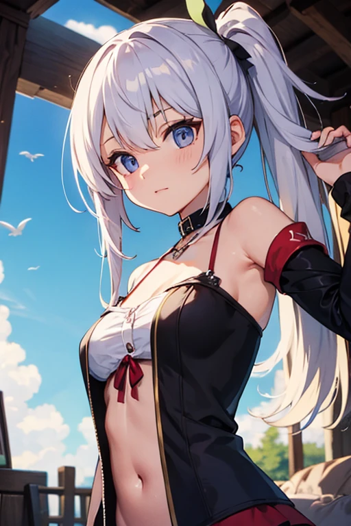 Akai_haexisto, 1 Girl, breast, long_hair, Virtual_Youtuber, White_hair, underwear, Underwear, Large target_breast, outdoor, Very_long_hair, Solitary, Pink_, navel, blush, armpits, hair_Decorations, Sky, one_side_up, shorts, cloud, Watching_exist_Viewer, sky, arm_exist behind_head, Bangs, blue_Sky, ribbon, Suspenders, Heart_hair_Decorations, blue_Eye, Areola_slip, Red_ribbon, sweexist, arm_up, Topless, hair_ribbon, Heart, bird, separate_Lips, Open it_fly, short_shorts, strength_Wire, No_shirt, 