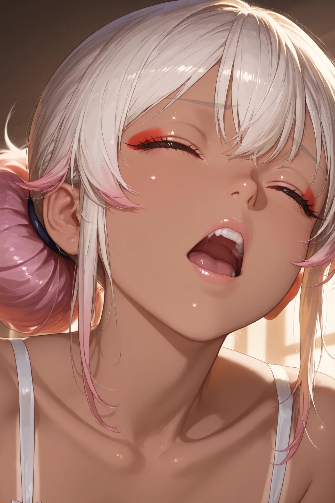 (masterpiece:1.2、Highest quality、masterpiece)、1 female、alone、classroom、Day、stand、blonde、Twin tails、blue eyes、(Completely naked:1.4)、(Dark Skin,Pink Hair:1.4)、Big Breasts、pantyhose、Earrings、lipstick、Sweaty、Scrunchie、first round、blush、(A man fucks a woman from behind:1.5),(The woman lies down on the ground:1.5)、(Ahegao:1.2)、(tongue:1.2),(Dark Skin:1.4)