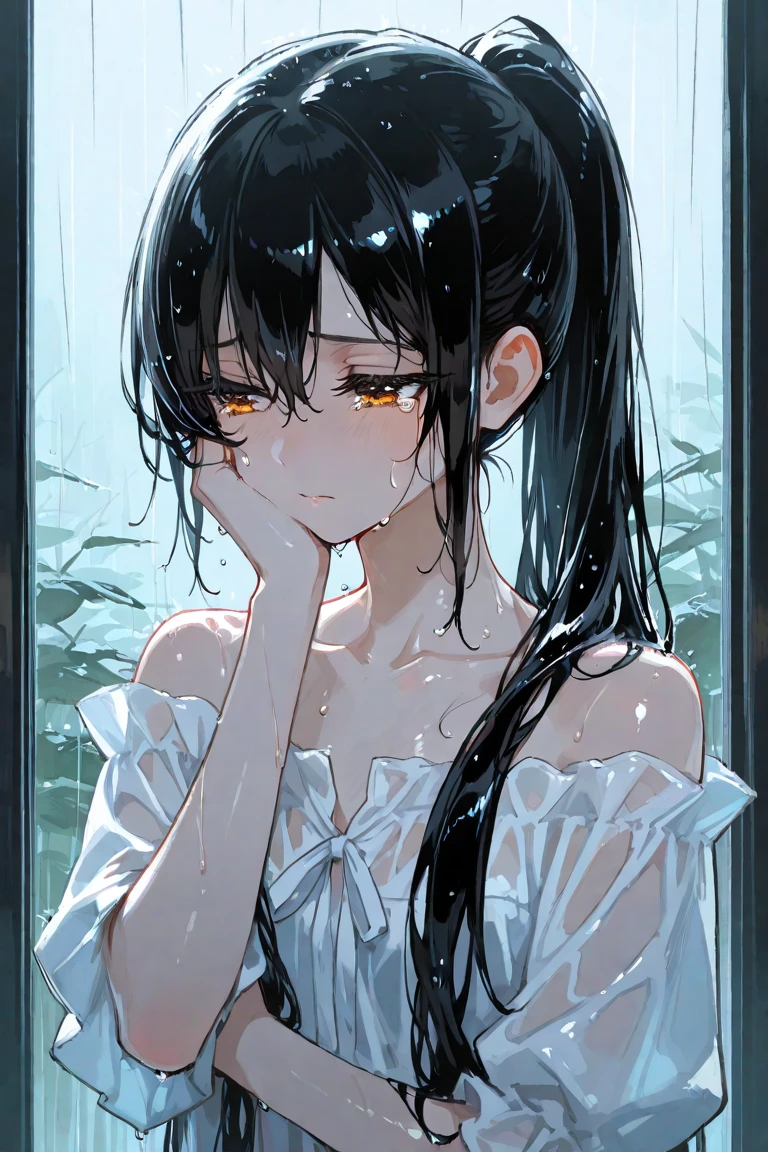 Highest quality, masterpiece, Super Resolution, (Faithfulness:1.4), photograph, One pure girl, [(sad)], White shirt, dim, darkness, despair, disappointing, disappointing, movie, tears, tears滴, (Torn clothes: 1.5), (Wet clothes: 1.4), Bare shoulders, Real Rain, Wet Hair,..