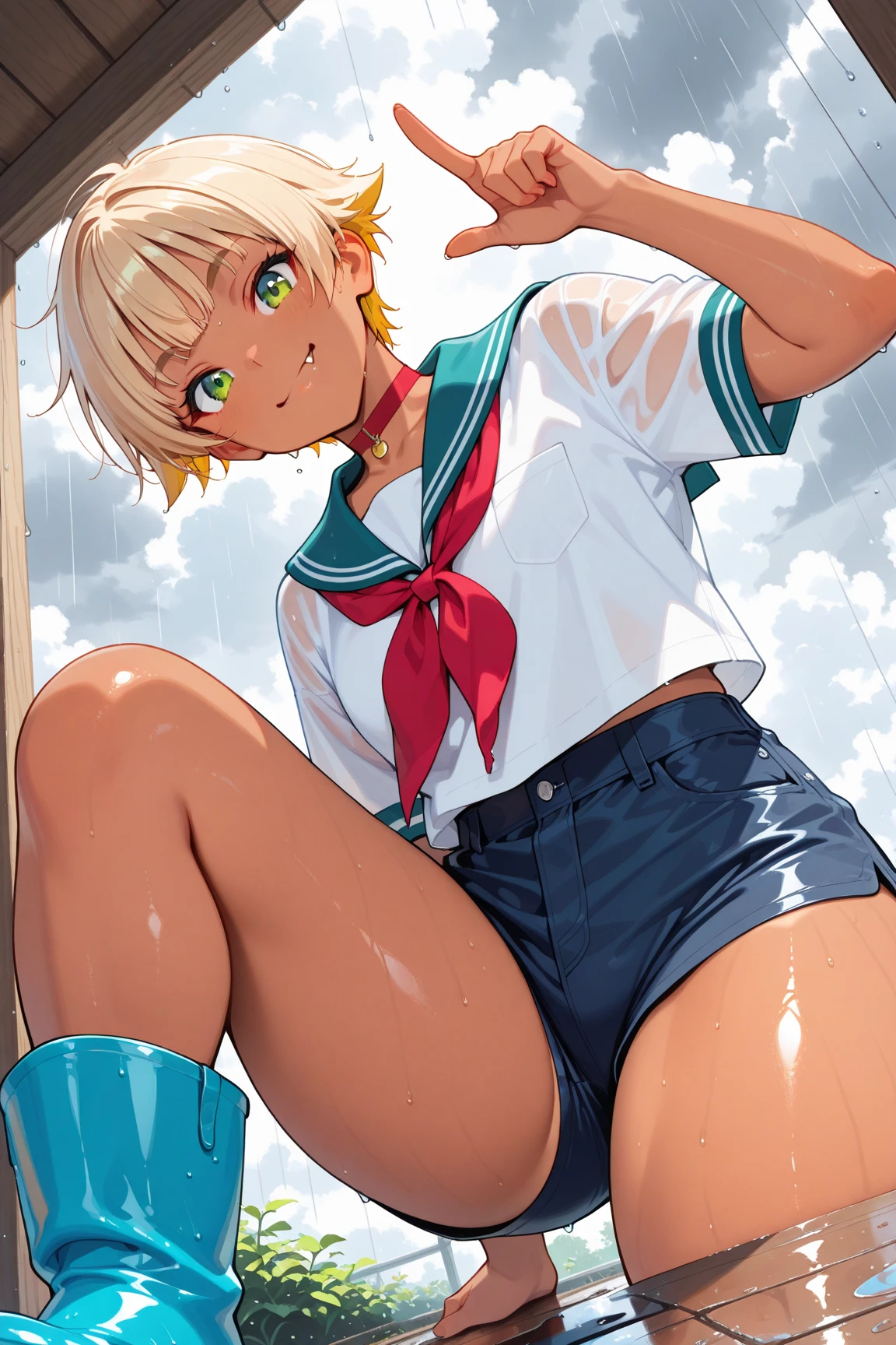 A sexy 13-yr American girl is bra same skin color sexy full body details figure, skirt lifting up , hard errect nipples, open legs  position, exposed panties, exposed pussyline, smiling with teeth exposed. Sparkling gray eyes, charms, face details & fucos skin texture, playing while it rains showing rainbow background 