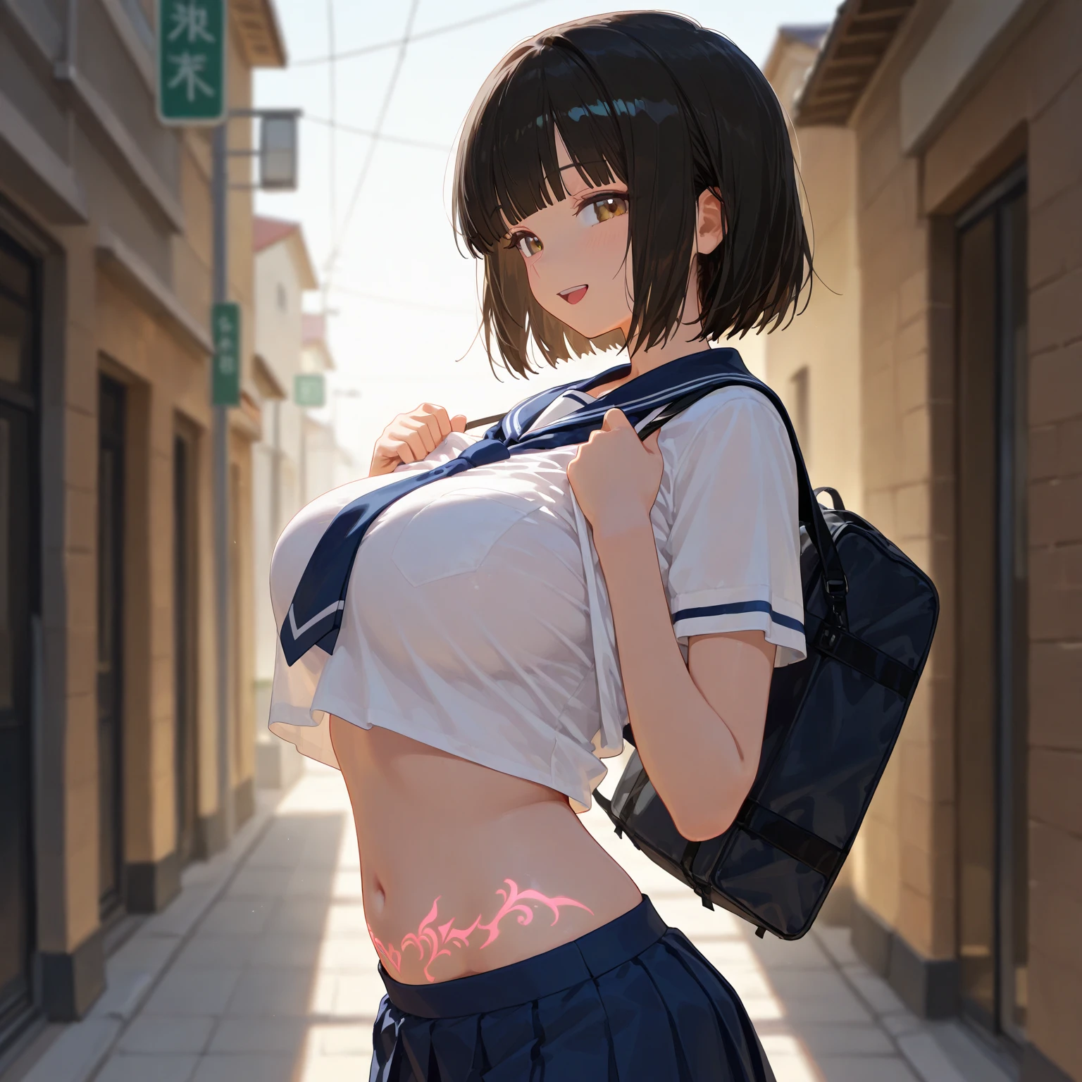 Highest quality , High resolution , Detailed CG , short hair , Navy blue sailor suit , Navy Blue Skirt , Modest chest , Black Hair , Two limbs , Optimal ratio , Embarrassed expression , Burning cheeks , In town , Narrow alley at night , Nipples are visible , touching one&#39;s own breasts with one&#39;s own hands , facial expression during orgasm