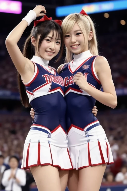 Beautiful cheerleaders are dancing on stage