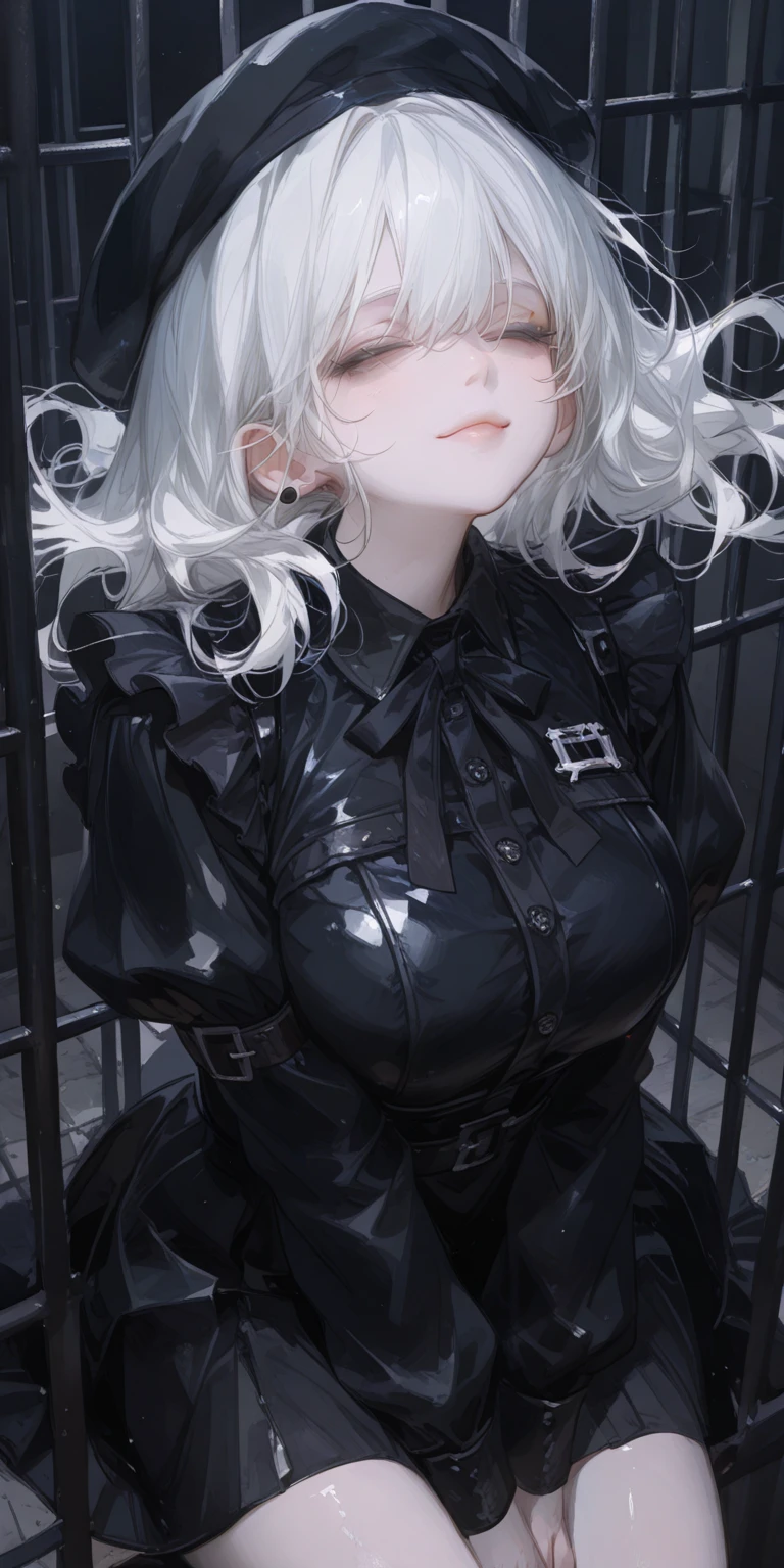 (absurdres, 8k, 4k, masterpiece, hyper extreme detailed:1.2), solo, 1girl, front view, portrait, best quality, perfect face, 1girl, portrait, solo, standing, Female, toned body, mature female, EJP breasts, , long hair, extremely detailed, hair over one eye,  delinquent, sarcastic,   swept bangs,gag, bitgag,standing up,   , prison, (Futuristic, severe), woman wearing a straitjacket, white straitjacketwhite rough hair,Full body restraint,lap belt,gagged,bitgag, Restraint belts here and there ,arms bound, Confined,Red face, prison( Woman in the center of the room),in the jail,(arms behind back:1.5),dark background ,the viewer is holding her on a leash,  leather collar, padlock, leather leash, submissivethe ,viewer is holding her on a leash, stroll_with_girl,stroll_with_priponer,viewer is holding her on a leash,(Chain leash, collar, Viewer Holding leash:1.4)
