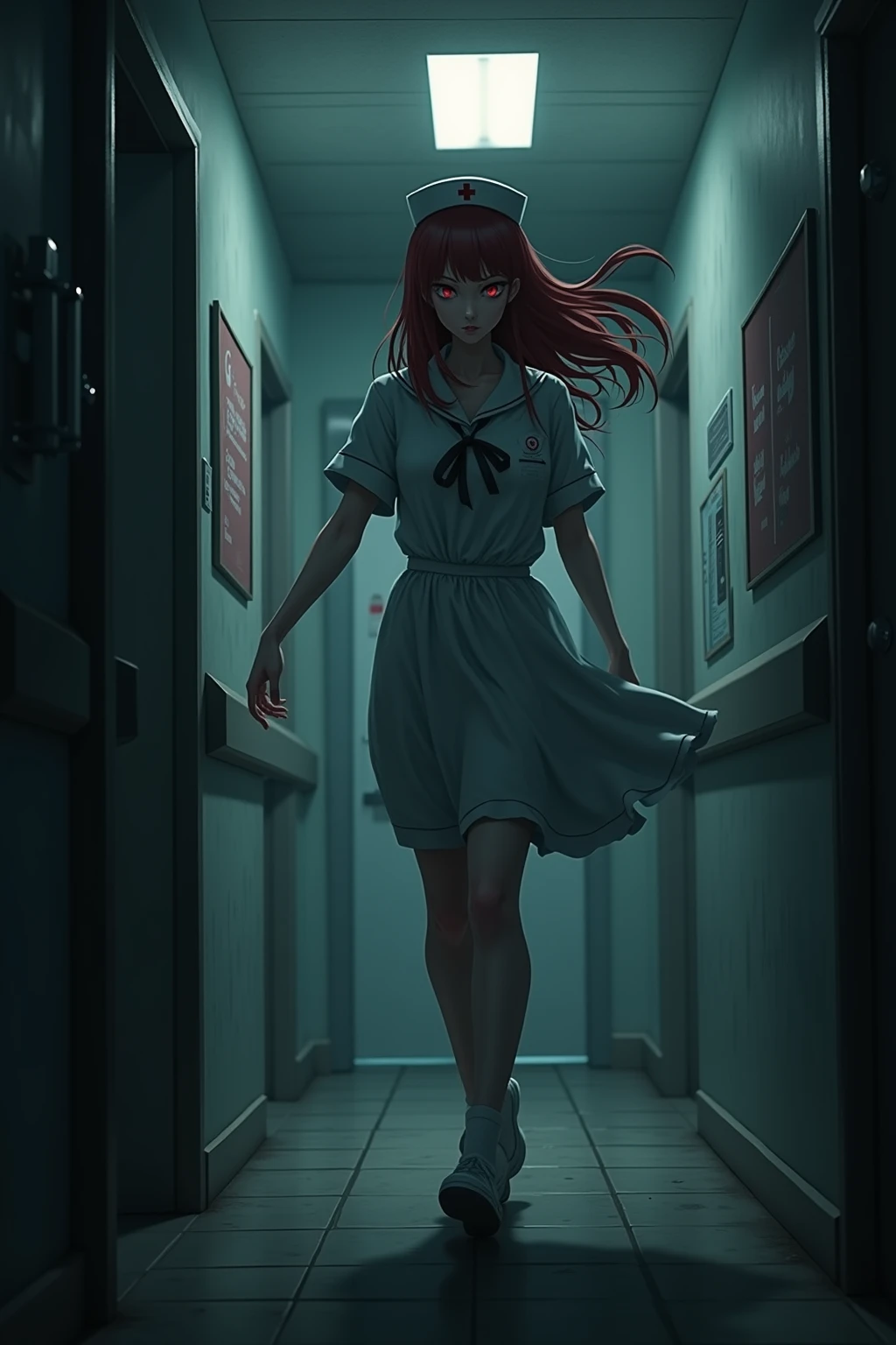 (Highest quality:1.2, Very detailed, up to date, Vibrant, Ultra-high resolution, High Contrast, masterpiece:1.2, Highest quality, Best aesthetics), (((1 girl))), View your audience, In-person audience, barefoot, One Girl, alone, Upper Body, bow, Nurse uniform, Nurse cap, Nurse Costume, Crazy Smile, At night, Isolation ward, Wet clothes, drenched, Scalpel, Tears of Blood, Bloodstain, Dark Room, Blood splattered on the ground, Red bright light, Glowing Eyes, Written boundary depth, Stand still, red lighting, atmosphere, Perfect hands