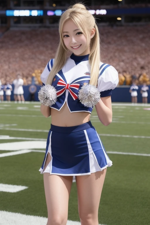 chloe moretz, 1girl, beautiful detailed eyes, beautiful detailed lips, extremely detailed eyes and face, long eyelashes, university of syracuse cheerleader uniform, full portrait length, sheer tan pantyhose, navy blue high heeled pumps, holding pompoms, cheerfully posing, football field background, (best quality,4k,8k,highres,masterpiece:1.2),ultra-detailed,(realistic,photorealistic,photo-realistic:1.37),HDR,UHD,studio lighting,ultra-fine painting,sharp focus,physically-based rendering,extreme detail description,professional,vibrant colors,bokeh,portrait