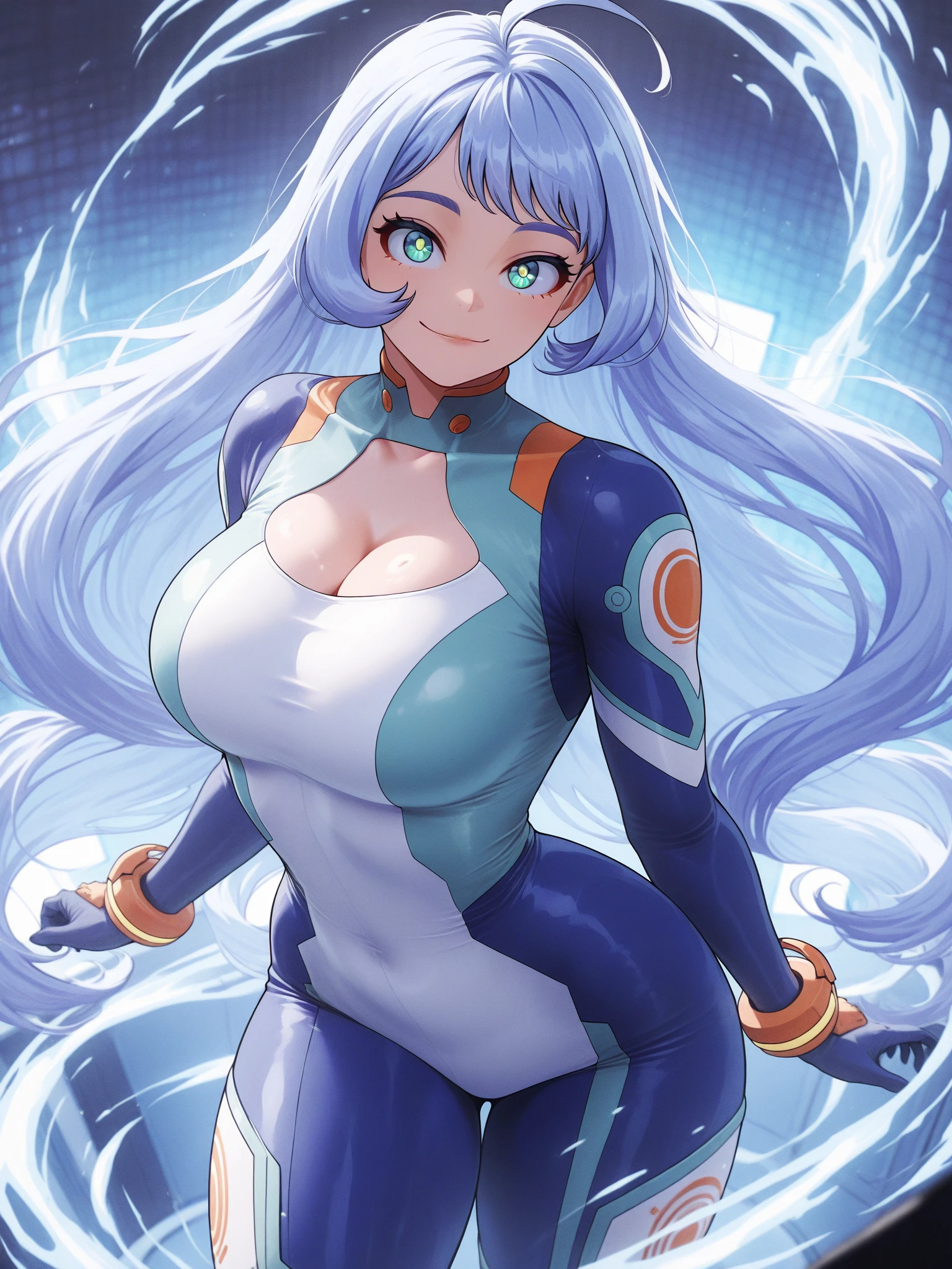 Create an anime-style Boku no hero academia digital art of a female superhero with a beach landscape with waves as a background.... The heroine must have bold and dramatic features.., Cabello largo azul celeste y ojos lilas, con gotas de agua en su cabello.., wearing a tight-fitting white hero suit with sleek details and lines. Your expression should be smiling but calm...., big breasts and she should be in a dynamic pose her hair is shaped like water, puede controlar el agua y el hielo a su voluntad , ready for action. The beach landscape should be at night.. ., with bright neon lights and a hard, ambiente . The overall color scheme should be spectacular...