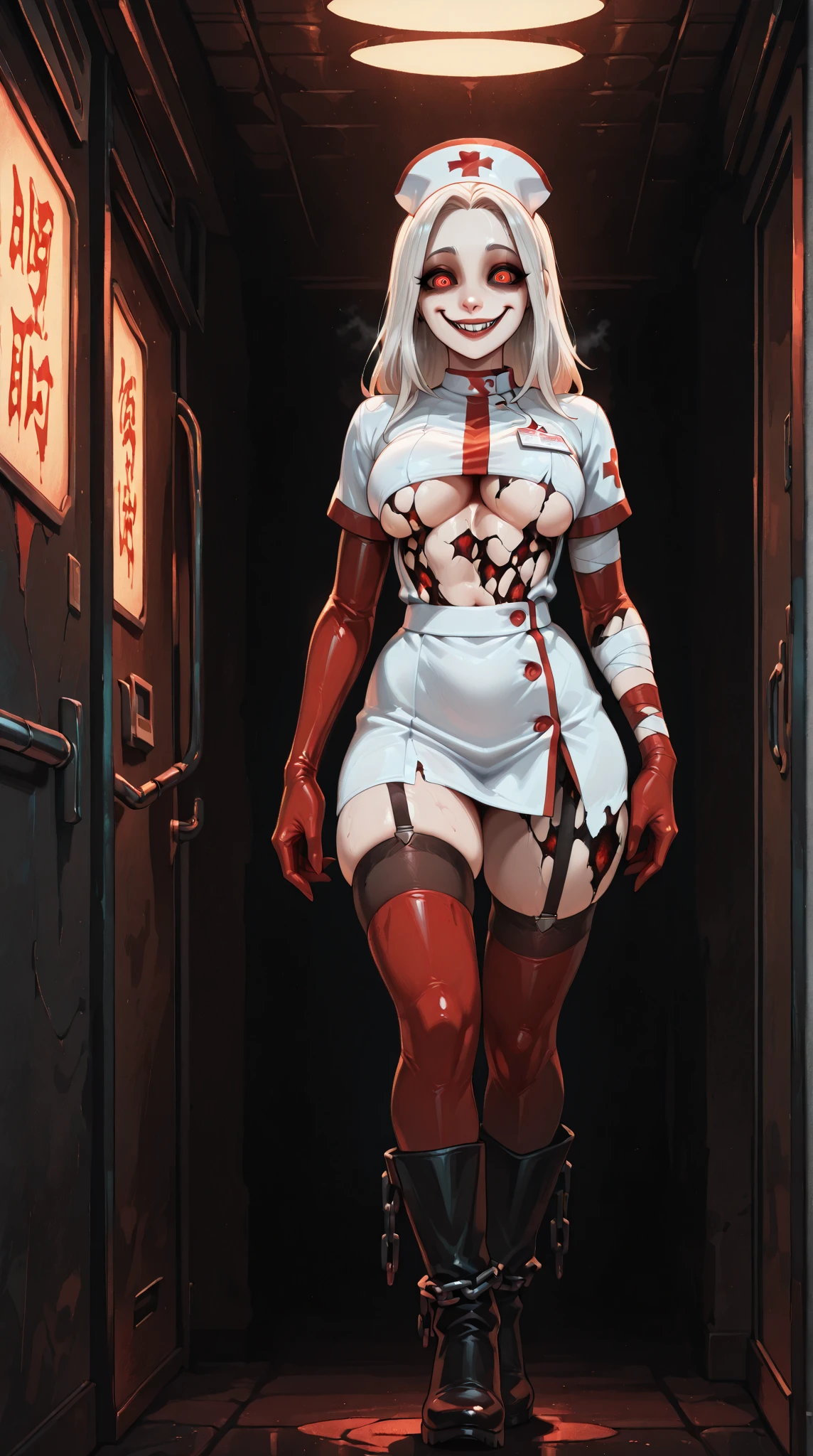 high quality、high resolution、masterpiece、Official Art、Safe at Work、masterpiece、Beautiful African female idol,Browsing Caution,Dark Skin,
,Captivating smile,(Sensual:1.5),
Thin legs、On all fours、focused on the chest,(Excessive ejaculation:1.2),
(Shiny Pink Nurse:1.3),Glossy latex tights,Bottomless,High heels,
(Pink Bed 1.5),