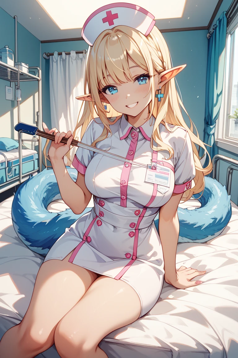 (darkskinned、skin tanned、elvish、hair over eyes:2.0)、One eye is hidden by hair、petite girl in、blue eyess、very long bangs、straight haired、very long transverse hair、Open mouth、a blond、hospitals、Incredibly large breasts、cleavage of the breast、pink nurse clothes、blush、closing eye、anime screen cap、(NSFW)、Futomo、Nurse Cap、Seductive smile、on the beds、、Clothes with slits、Green rubber gloves、Rubber Bikini、(Sheer costume:1.5)、a miniskirt、Name Tags、condoms、poses