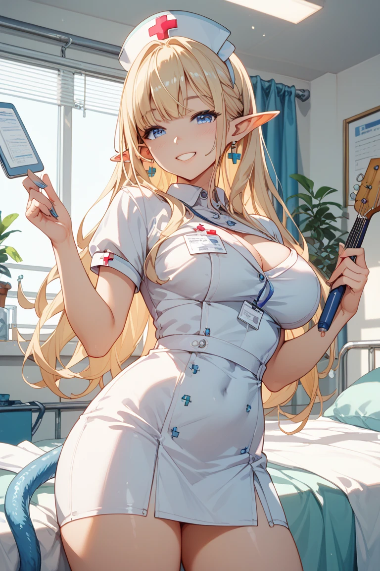 best quality, masterpiece, highres, detailed, perfect anatomy, <lora:Detail - add_detail:0.2>, ZeldaHW, mature female, milf, necklace, infirmary, <lora:ZeldaHW-10:0.5>, blonde hair, pointy ears, blue eyes, medium breasts, 1girl, tiara, blush, smile, happy, long hair, NurseCh, <lyco:Change - NurseCh:0.8>, pink uniform, white gloves, pink pants, sitting on chair, taking notes
