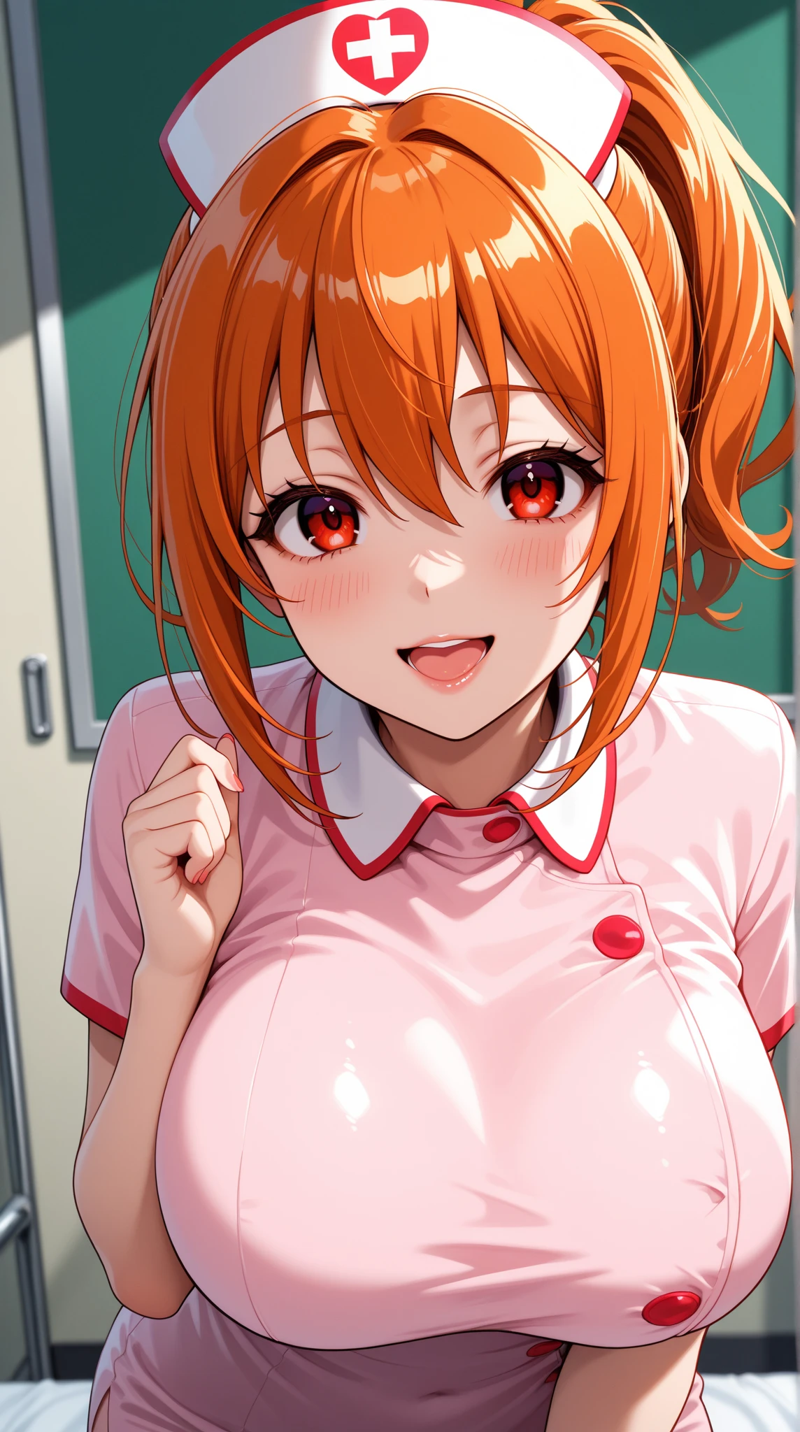 One Woman, Highest quality, masterpiece, Ultra HD, Beautiful breasts, Cleavage, anime, Forehead visible, super beautiful, high school girl, Beautiful breasts, Shapely breasts, Upper Body, nurse, short hair, Gal, hospital, Hospital room, smile, Yuigahama Yui,