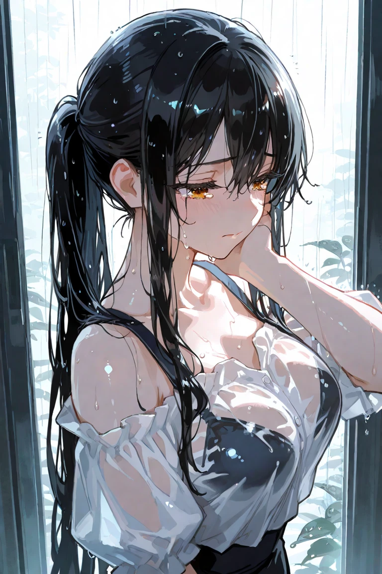Best picture quality, masterpiece, ultra high resolution, 1 girl, white shirt, pitying, pitiful, cinematic, black hair, tear, (Torn clothes:1.5), (Wet clothes:1.4), bare shoulders,Real rain, wet hair, huge red moon, blood,