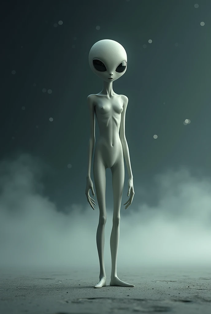 (((Masterpiece))), (high quality),(one alien girl:1.2), 15 years old,(innocent smile),5 heads,(Skinhead,Gray aliens,Large, dark, almond-shaped eyes,:1.2),(No hair, no whites, no ears:1.3),(Wearing a silver body-fitting suit:1.2),(leaning forward,arms behind back:1.5),Plain background,(from above:1.5)