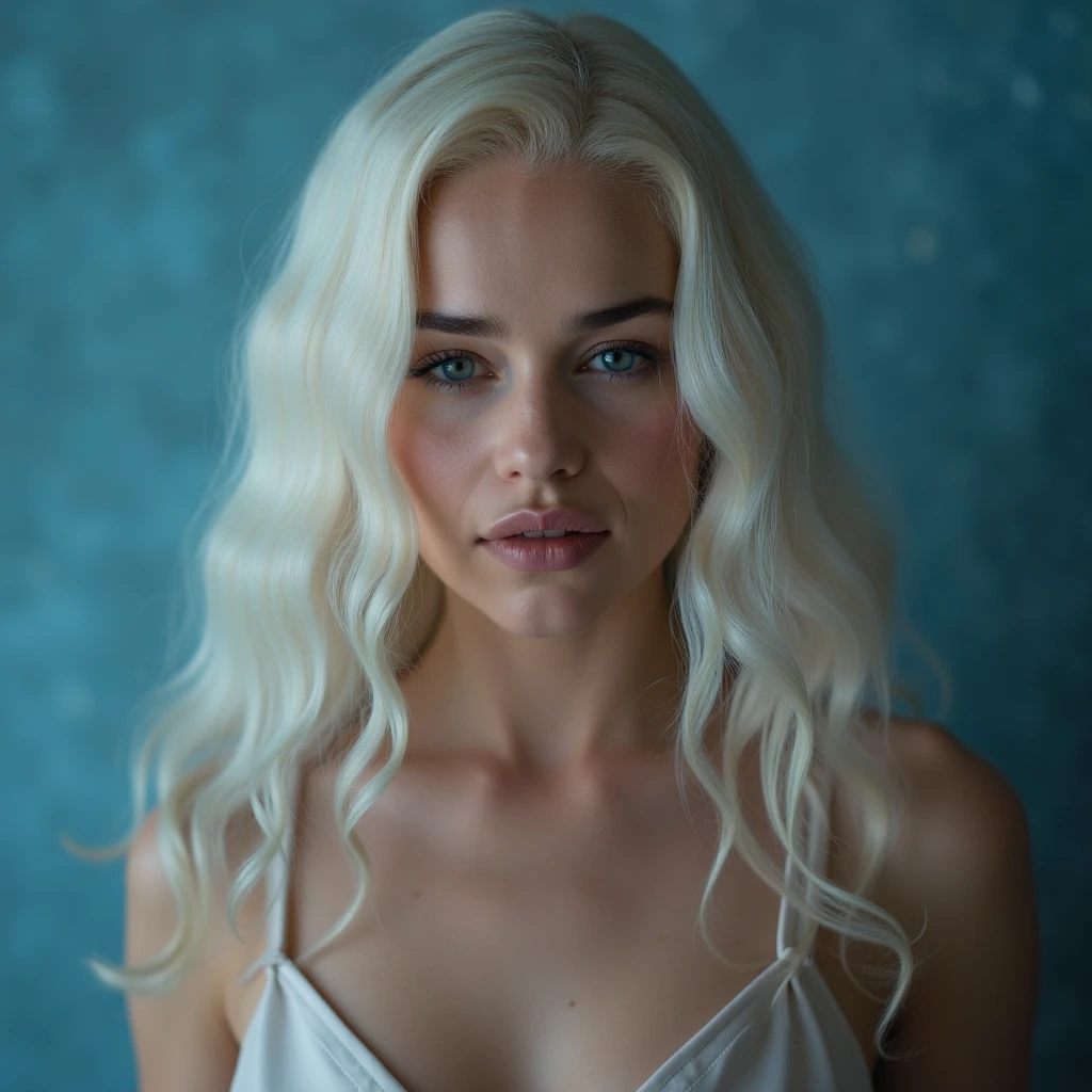 Photo Mid Shot solo portrait of [Amber Heard] as [Daenerys Targaryen] as a real-life version of (Daenerys Targaryen), Targaryen white hair, with (sexy dress), (sexy neckline), charming smile, by Hubert Robert and Alex Timmermans ultra realistic highly detailed intricate photorealistic style photography sharp focus on the eyes, cinematic lighting