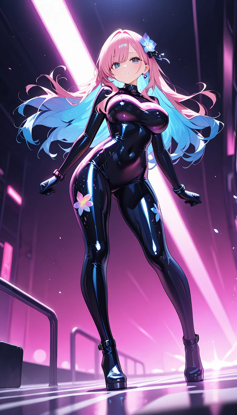 最high quality、Best image quality、masterpiece、Hatsune Miku Vocaloid、Big breasted android girl((18-year-old、red, Glowing black and blue cyber suit、brainwashing,Combatant, Hollow Eyes,((Purple glowing eyes 1.5)), Huge breasts , Expressionless, Emotions are removed,(Black latex tight bodysuit),avert your eyes , whole body shape, ((stand up, Salute right hand)),(最high quality、4K、8K、High resolution、Must have:1.2)、Very detailed、(reality、that's reality的、reality的:1.37)、Best Bust、Bust 90、((Twin tails))、Open your chest wide、valley、happiness、thin、Expressionless、))high quality、Beautiful art、background((Metro City、cyber punk、Nightclub、Cyber World))、Tabletop、Exquisite design、Visual Arts、Concept Artist、Five Fingers, Perfect body, {{{masterpiece}}}, {{{最high quality}}}, {{Very detailed}}, {shape}, {{Very delicate and beautiful}},Improved cost performance、All Roles、Canon 5D MK4でphotograph、photograph,