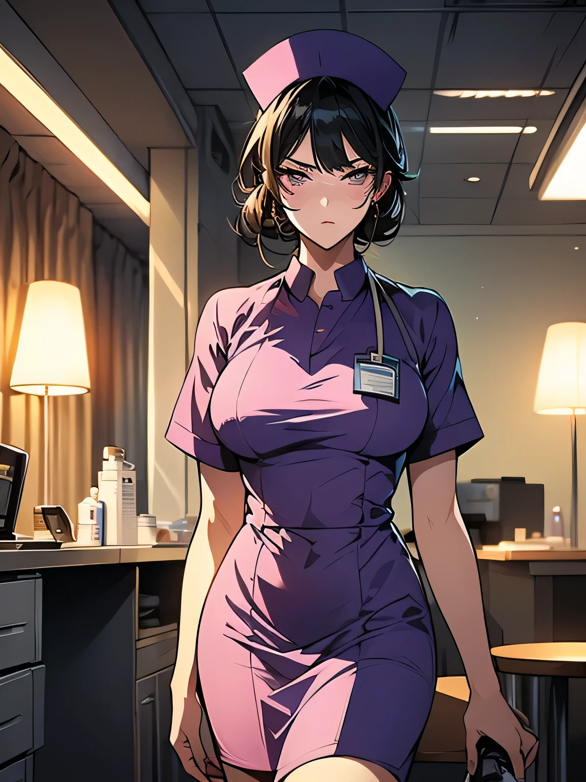((masterpiece)), ((best quality)), ((anime profile style)), ((HD 4k)), ((female character)), ((nurse)), ((beautiful body)) , girl, female face, happy, ((flushed)), (mouth mask), light skin, ((eyes)), Eyelid, Pupil, Sclera, Iris, eyebrow, eyelashes, ear, nose, ((hair)) , ((purple hair)), ((hair highlight effect)), ((clothing highlight effect)), ((body highlight effect)), neck, shoulders, (thin waist), ((tummy perfect)), arms, ((thick legs)), ((big thigh)), background, ((in the hospital)), details in the environment, surrounding objects, ((lighting)), viewer's view