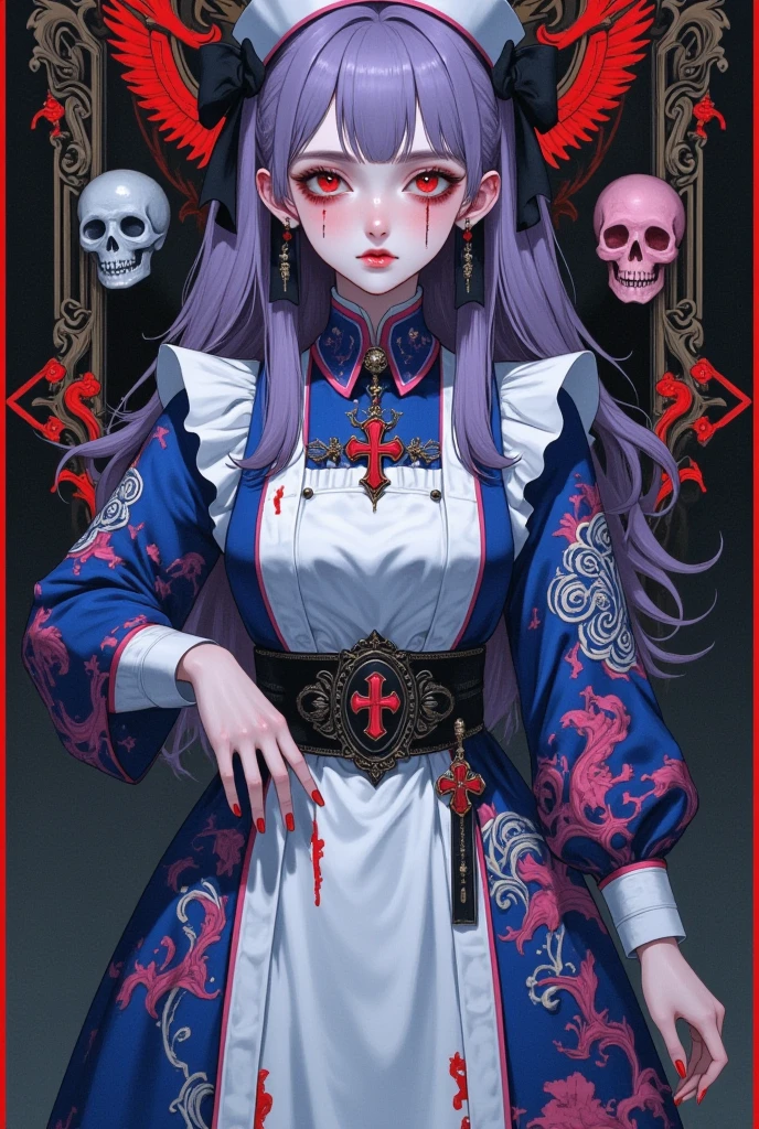 (masterpiece, best quality), perfect symmetry composition,beautiful detailed face, head up, (ahegao:1.3),
(1girl), nun haircut,wear red nun robe, gesture of prayer,prayer beads,(fractal knife art background:1.3)